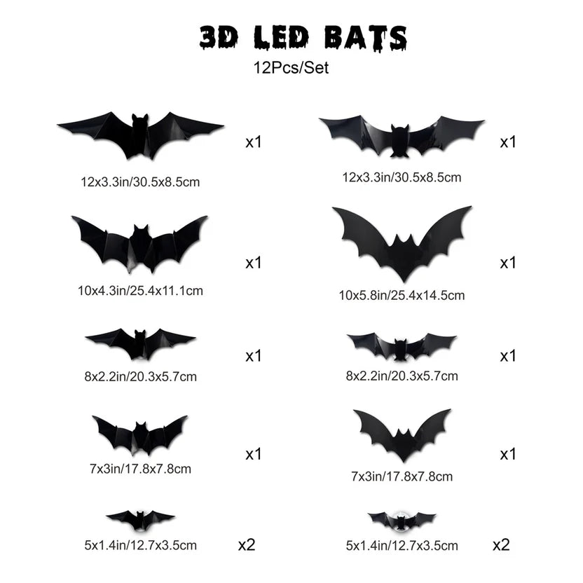 Size chart for one set: 12 bats from 12.7 cm to 30.5 cm wide