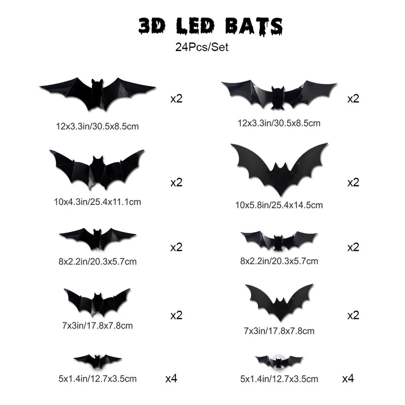Size chart for two sets: 24 bats in assorted sizes