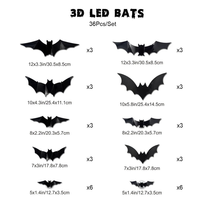 Size chart for three sets: 36 bats in assorted sizes