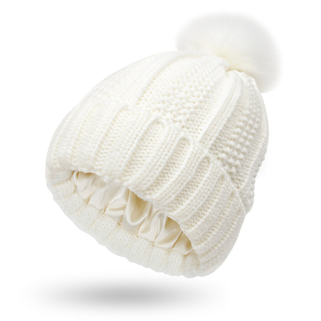 Fleece-lined pom pom beanie – White