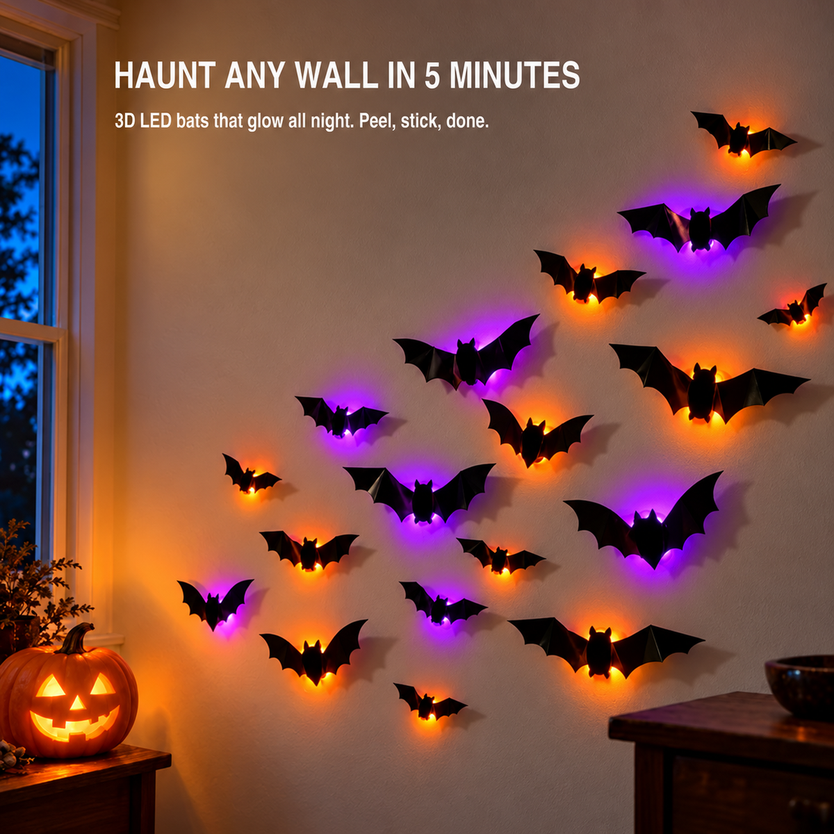 LED bat lights glowing purple and orange on a living room wall beside a window