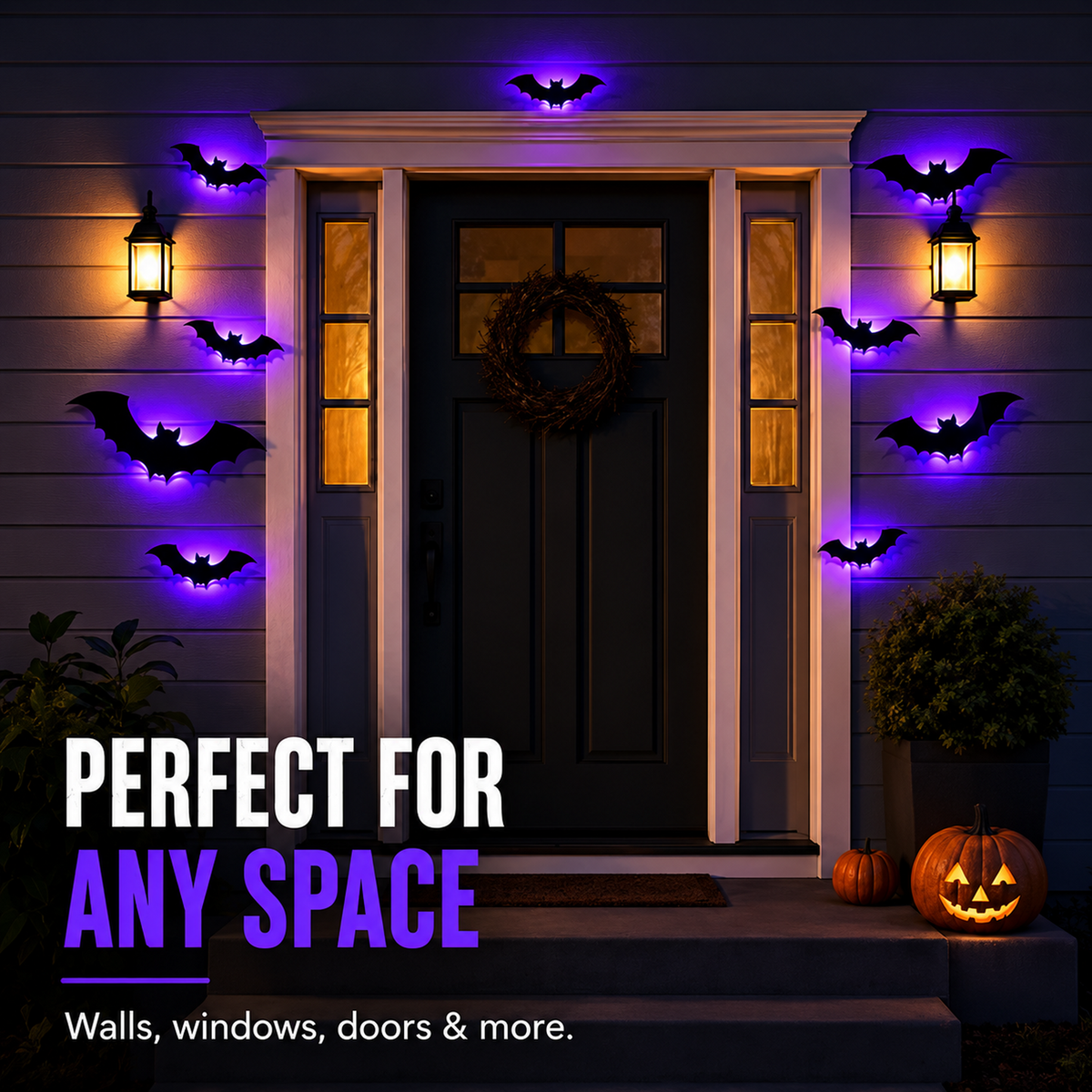 Purple glowing bats decorating a front door at night