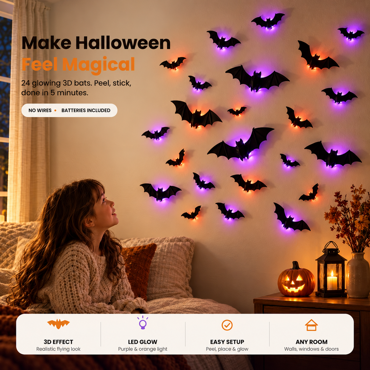 Child looking up at glowing LED bats on a bedroom wall