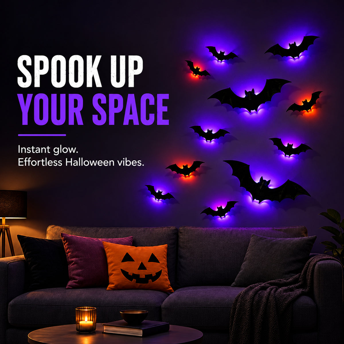 Glowing 3D LED bat lights on a living room wall above a sofa