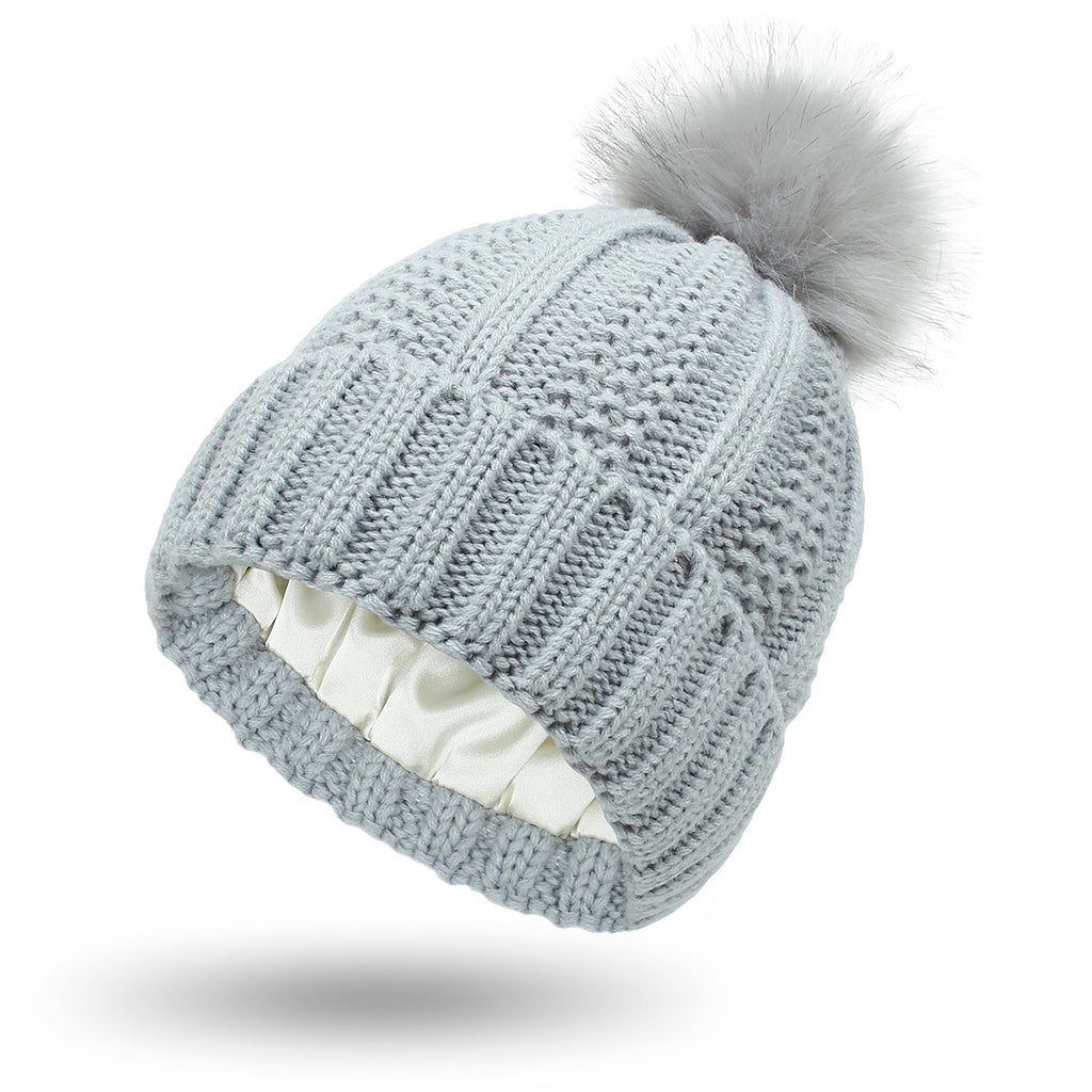 Fleece-lined pom pom beanie – Light Grey
