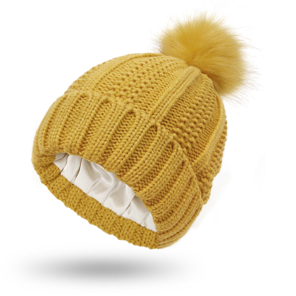 Fleece-lined pom pom beanie – Yellow