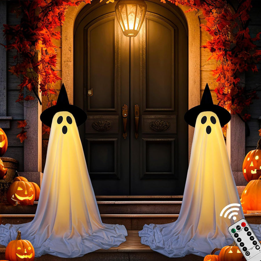 2 Hanging Ghost Lights with Remote — Indoor & Outdoor Halloween Decor