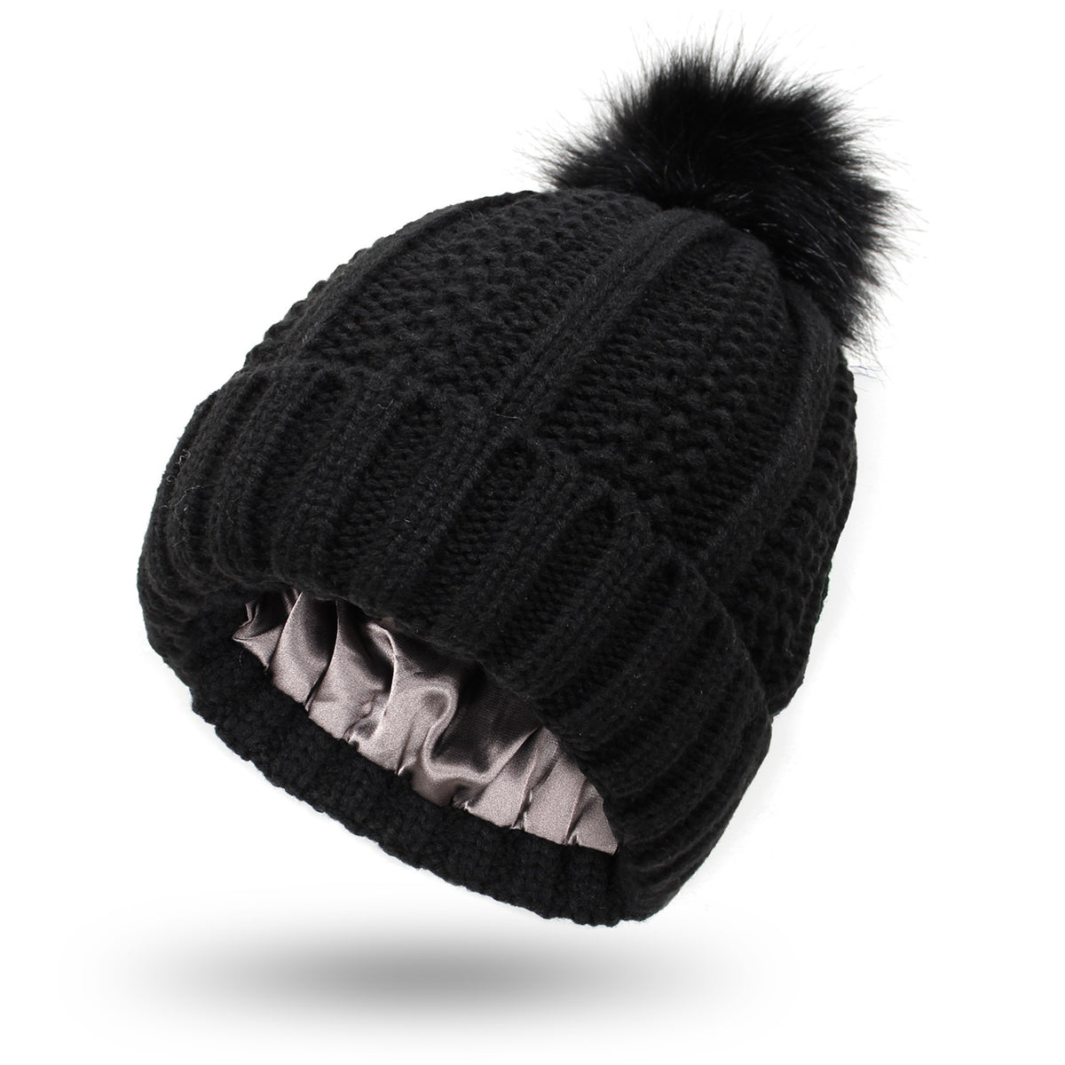 Fleece-lined pom pom beanie – Black