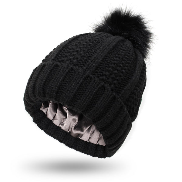 Women's Fleece-Lined Knit Beanie with Faux-Fur Pom